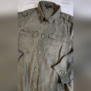 Vintage Military Style Button Up Blouse By Velvet Heart, Distressed Green, Large